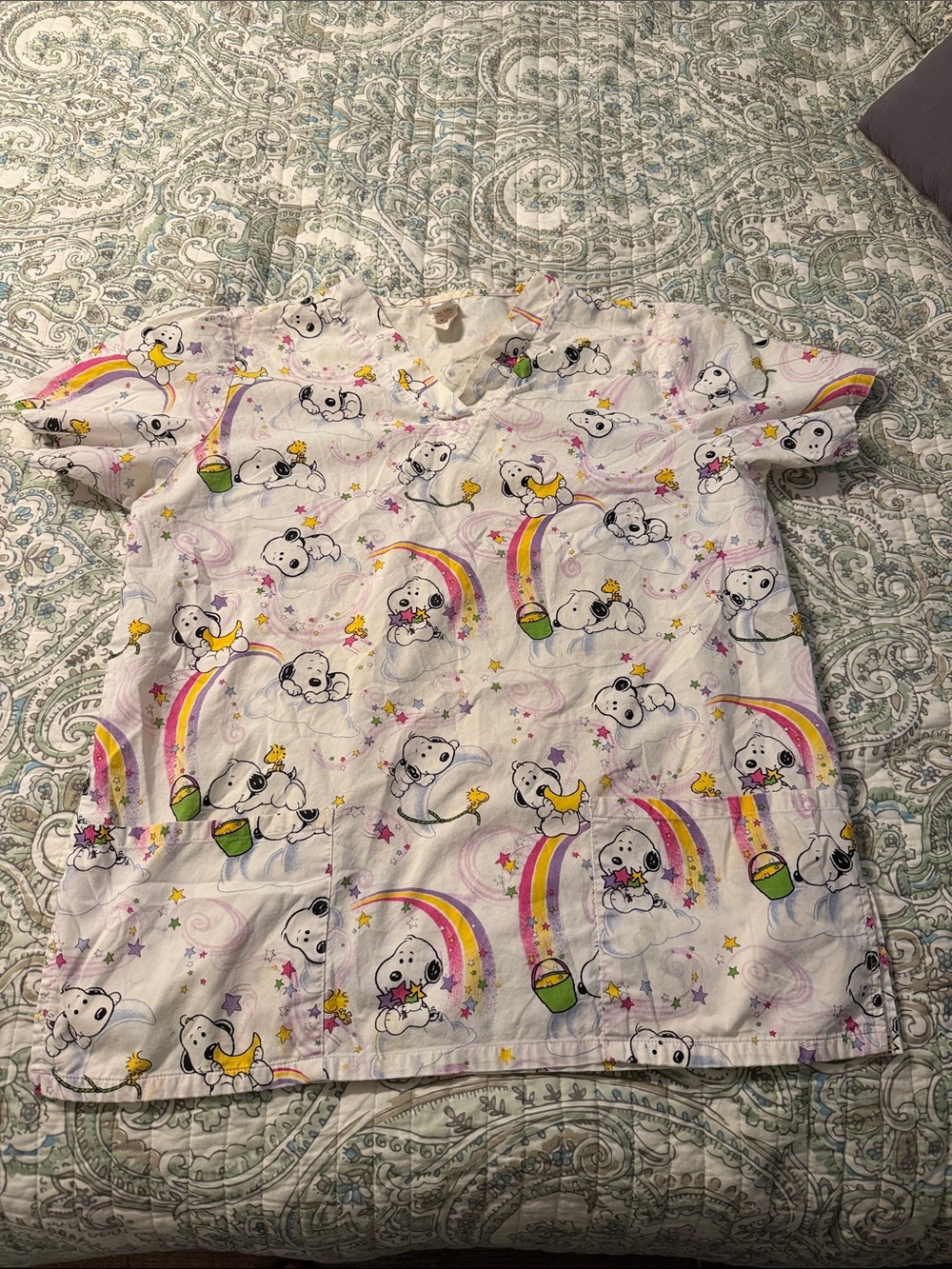 Peanuts White Snoopy & Woodstock Rainbow Print Short Sleeve Top